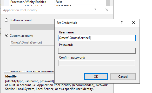 Set credentials application pool