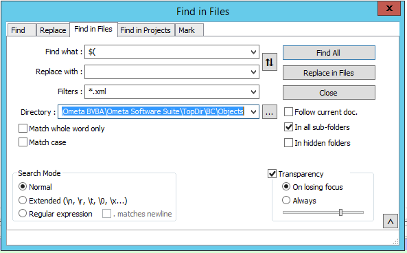 Find in files jQuery