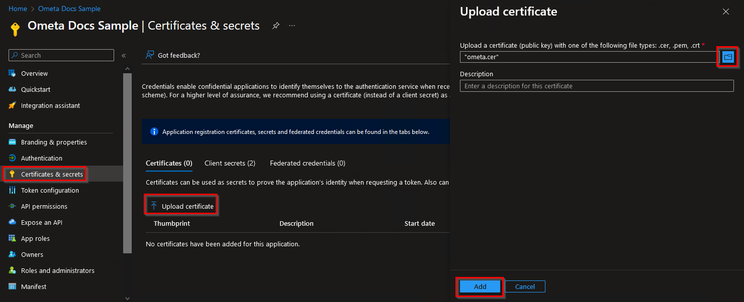Upload Certificate on Azure portal