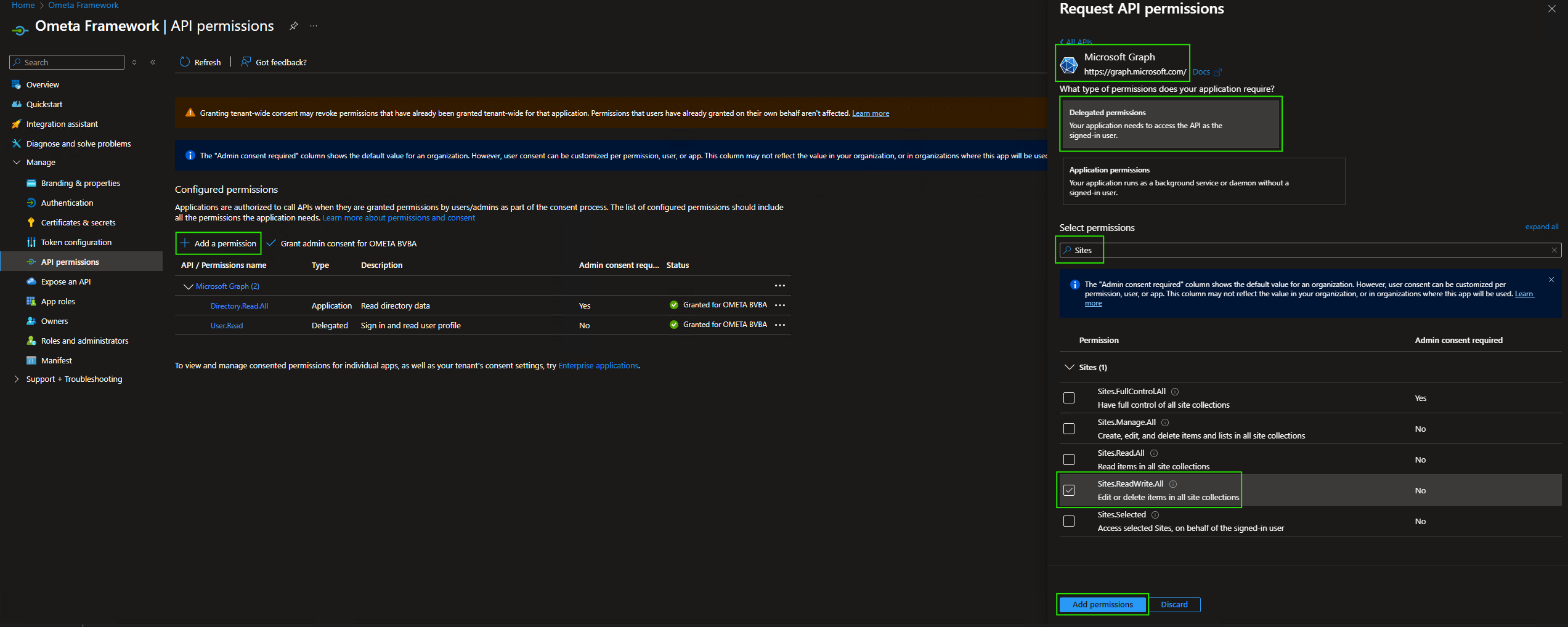 App Registration Add API Permission