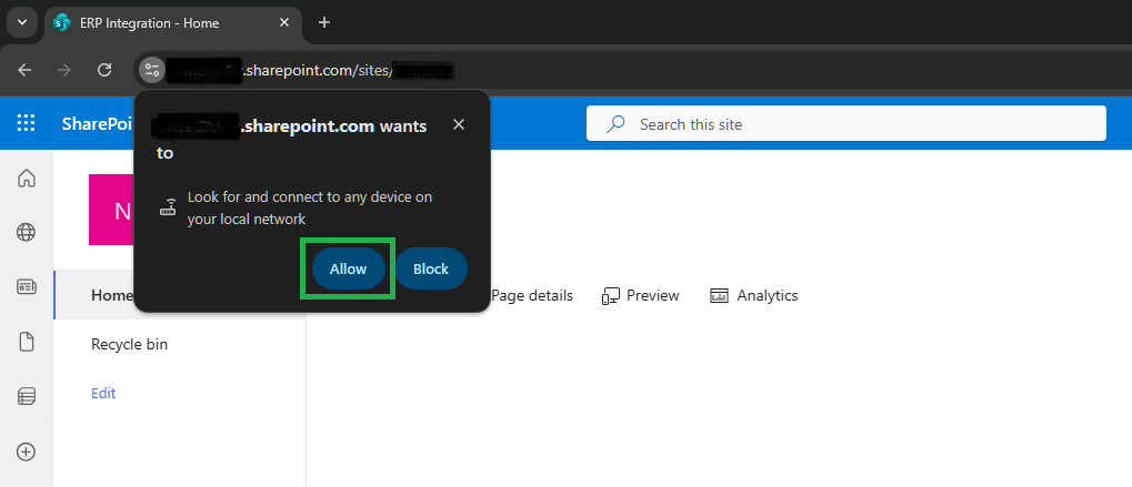 User clicking Allow in Chrome local network access prompt