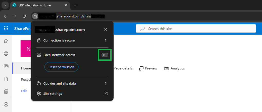 Chrome site settings showing Local network access option