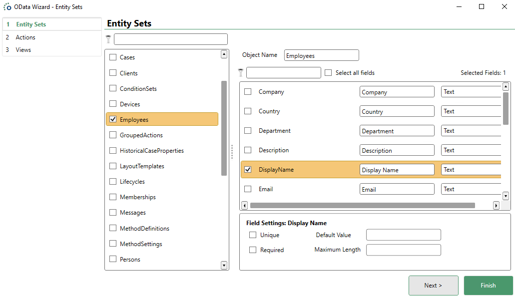 Entity Set Fields Selected