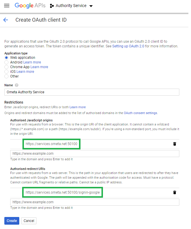 Create credentials settings