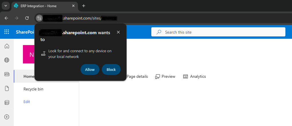 Chrome local network access prompt asking for permission