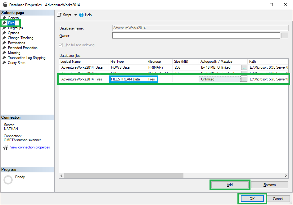 sql server studio db properties