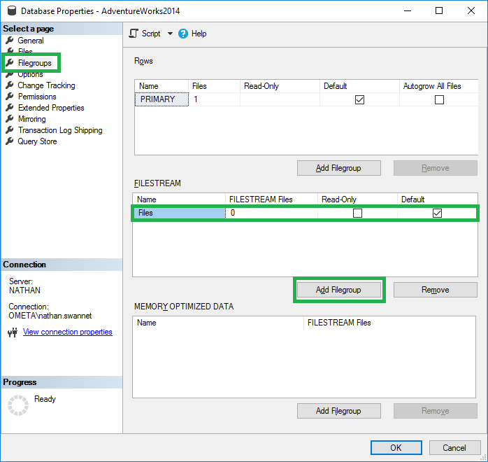 sql server studio db properties