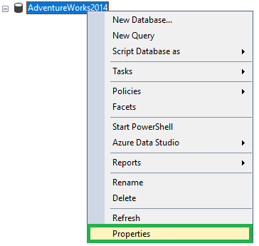 sql server studio db properties