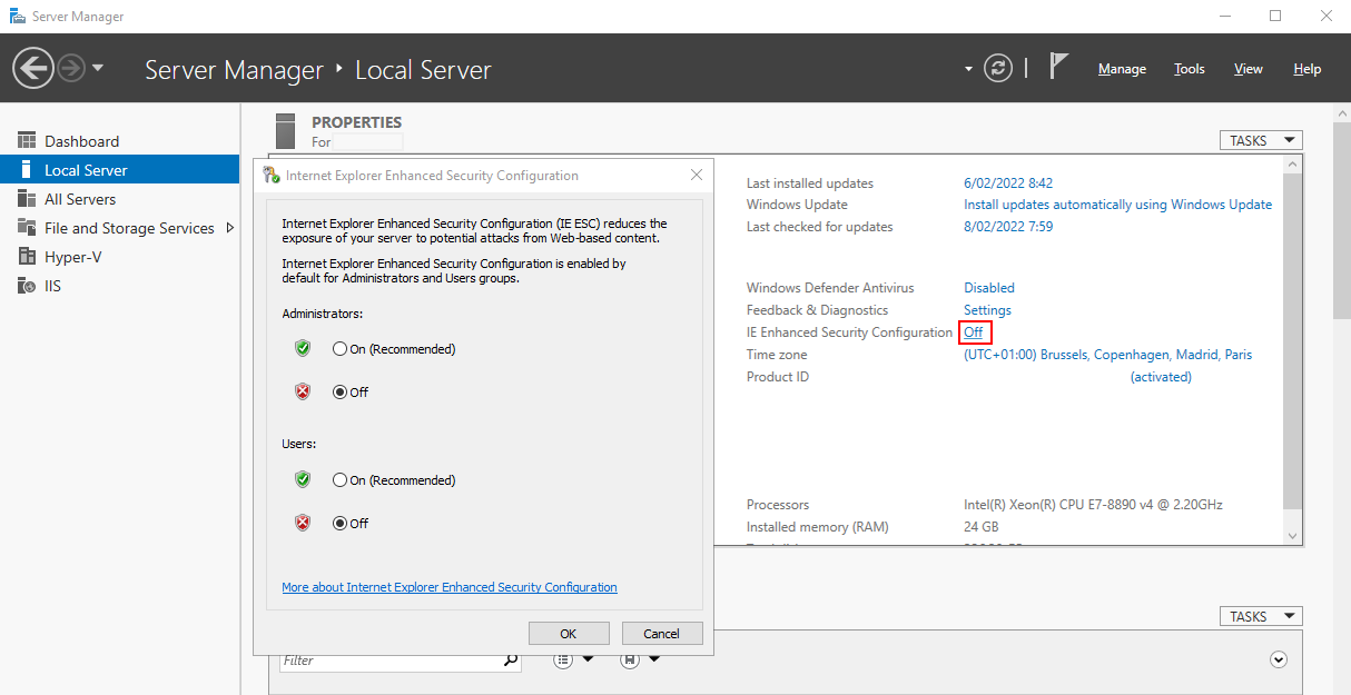 Disable IE Enhanced Security Configuration